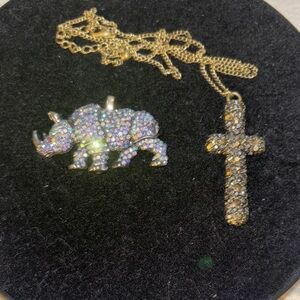 Gold Tone Rhinestone Rhinoceros Pendant & Cross Necklace